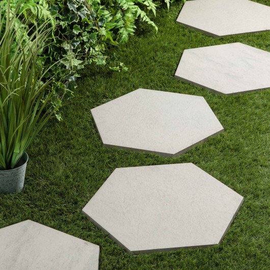 Pas japonais Hexagone Grès cérame effet Pierre Blanche 60x52/60x2 cm