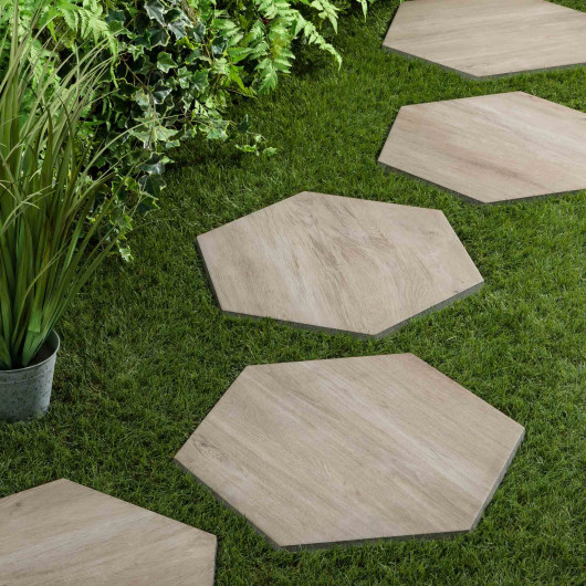 Pas japonais Hexagone Grès cérame effet Bois Marron 60x52/60x2 cm