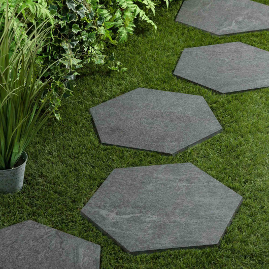 Pas japonais Hexagone Grès cérame effet Pierre Grise 60x52/60x2 cm