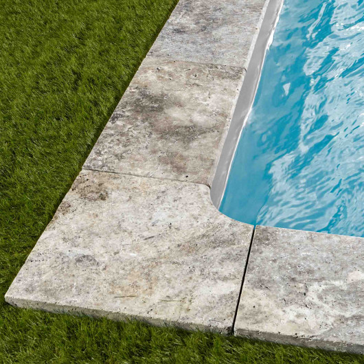 Margelle angle rentrant Travertin Gris Silver 45,5x45,5x3 cm Bord 1/2 Rond