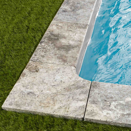 Margelle angle rentrant Travertin Gris Silver 45,5x45,5x3 cm Bord 1/2 Rond