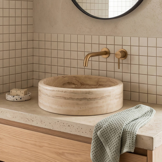 Vasque à poser ronde plate Travertin Beige 40x10 cm