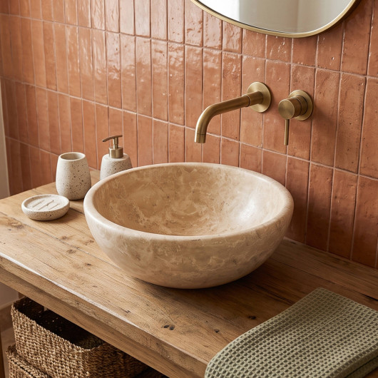 Vasque à poser ronde bol Travertin Beige 42x15 cm