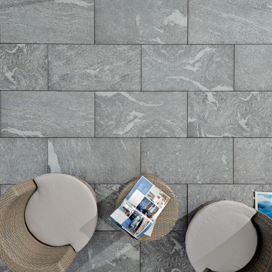 Carrelage extérieur grès cérame effet pierre grise Roma 45x90x2 cm