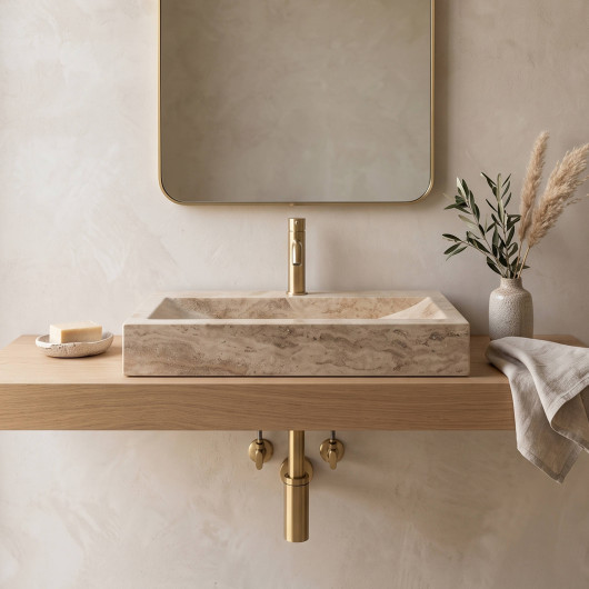 Vasque à poser rectangulaire  Travertin Beige 70x45x10 cm avec perçage