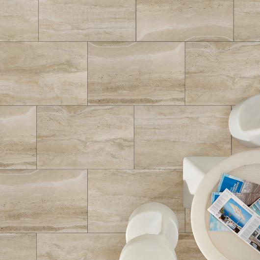 Carrelage extérieur grès cérame effet travertin beige Latina 60x90x2 cm