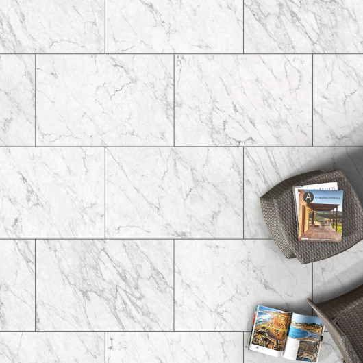 Carrelage extérieur grès cérame effet marbre blanc Carrara 60x90x2 cm