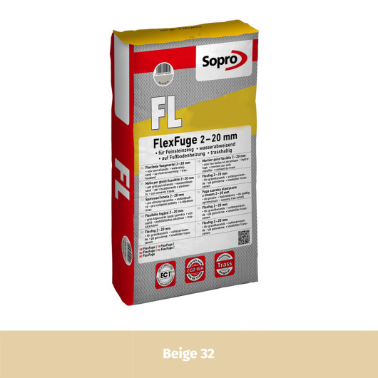 Joint souple carrelage céramique et pierre 2 à 20 mm - Beige 32 - Grain fin - Sopro FL 629 - 25 kg