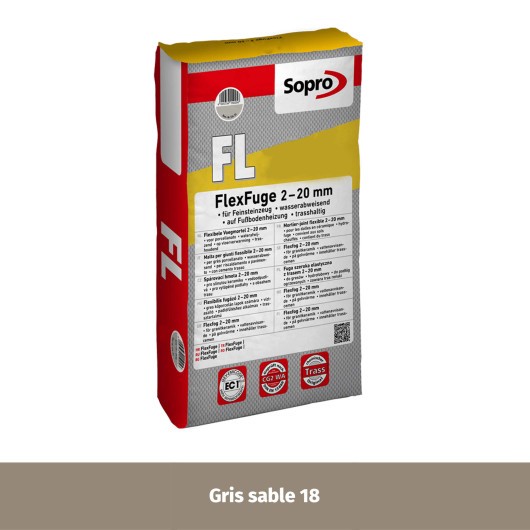 Joint souple carrelage céramique et pierre 2 à 20 mm - Gris sable 18 - Grain fin - Sopro FL 627 - 25 kg