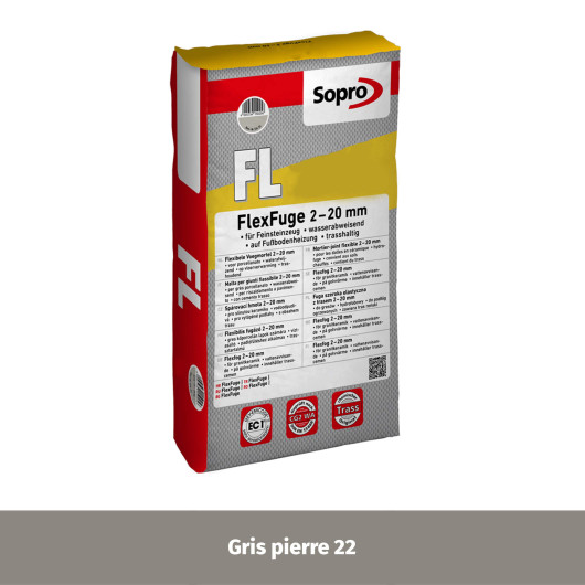 Joint souple carrelage céramique et pierre 2 à 20 mm - Gris pierre 22 - Grain fin - Sopro FL 622 - 25 kg