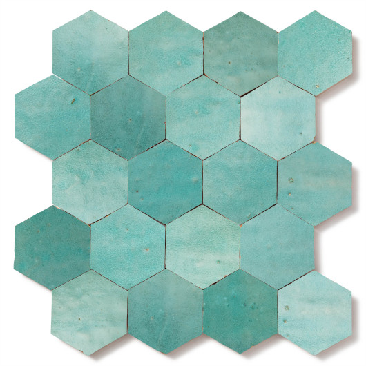 Carrelage Zellige Marocain Vert Pacifique Hexagonal 7,6x8,8 cm