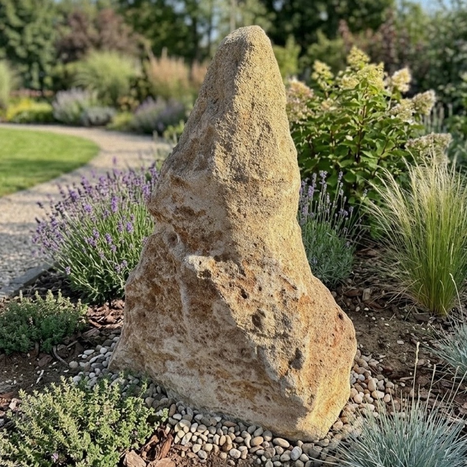 Roche paysagère décorative sur pelouse dans un jardin verdoyant